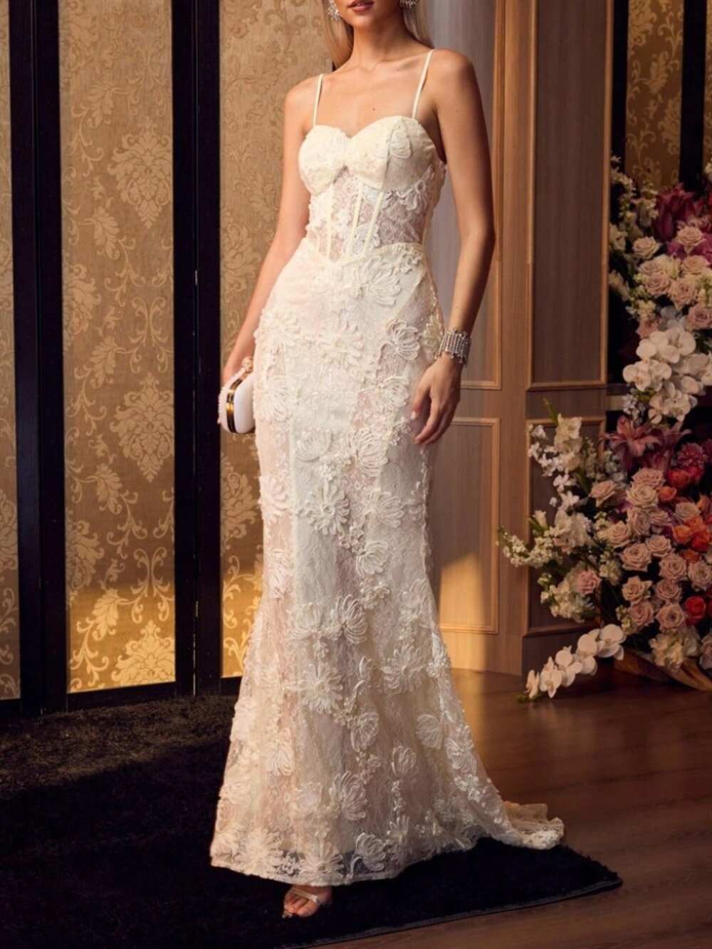 Cream 3D Floral Lace Sheer Corset Spaghetti Strap Mermaid Gown